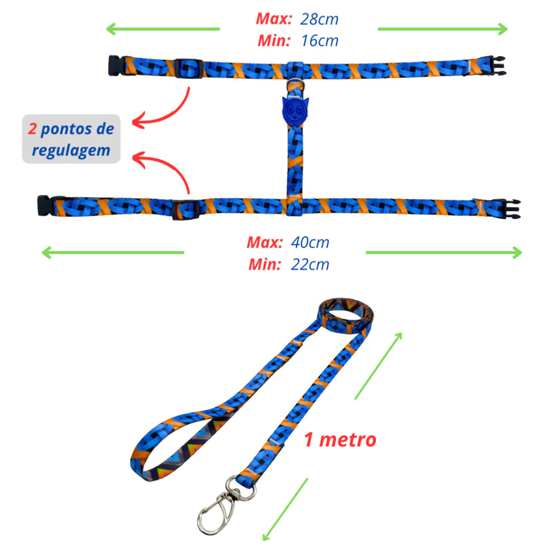 Peitoral com guia para gatos e coleira ajustável